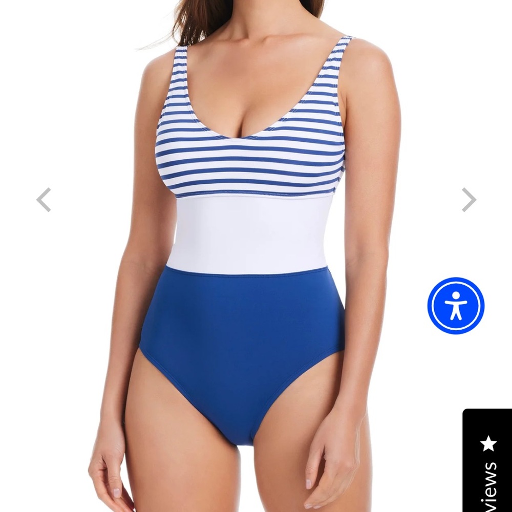 Bleu Rod Beattie Striped Navy and White One-Piece Swimsuit BNWT